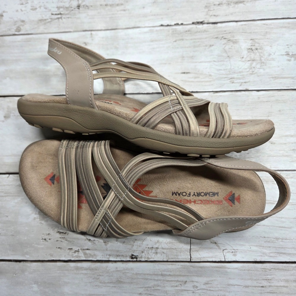 Skechers Reggae Slim Strappy Slingback Sandals Women 6 Taupe Memory Foam Comfort